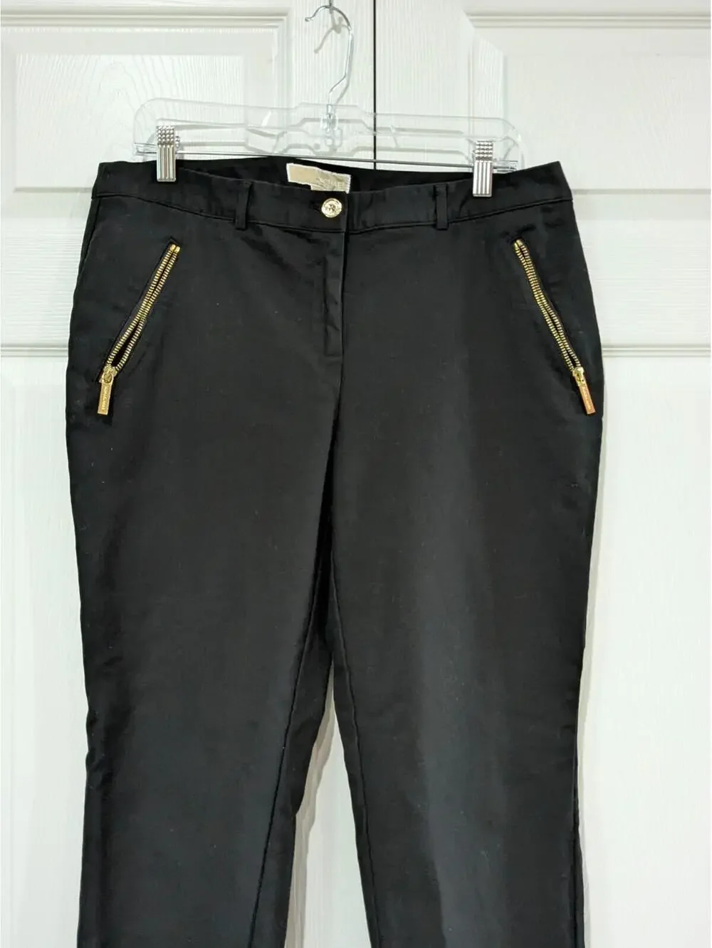 Michael Kors Women's Chino Pants Gold Zipper Pockets Black Size 12, Cotton Blend